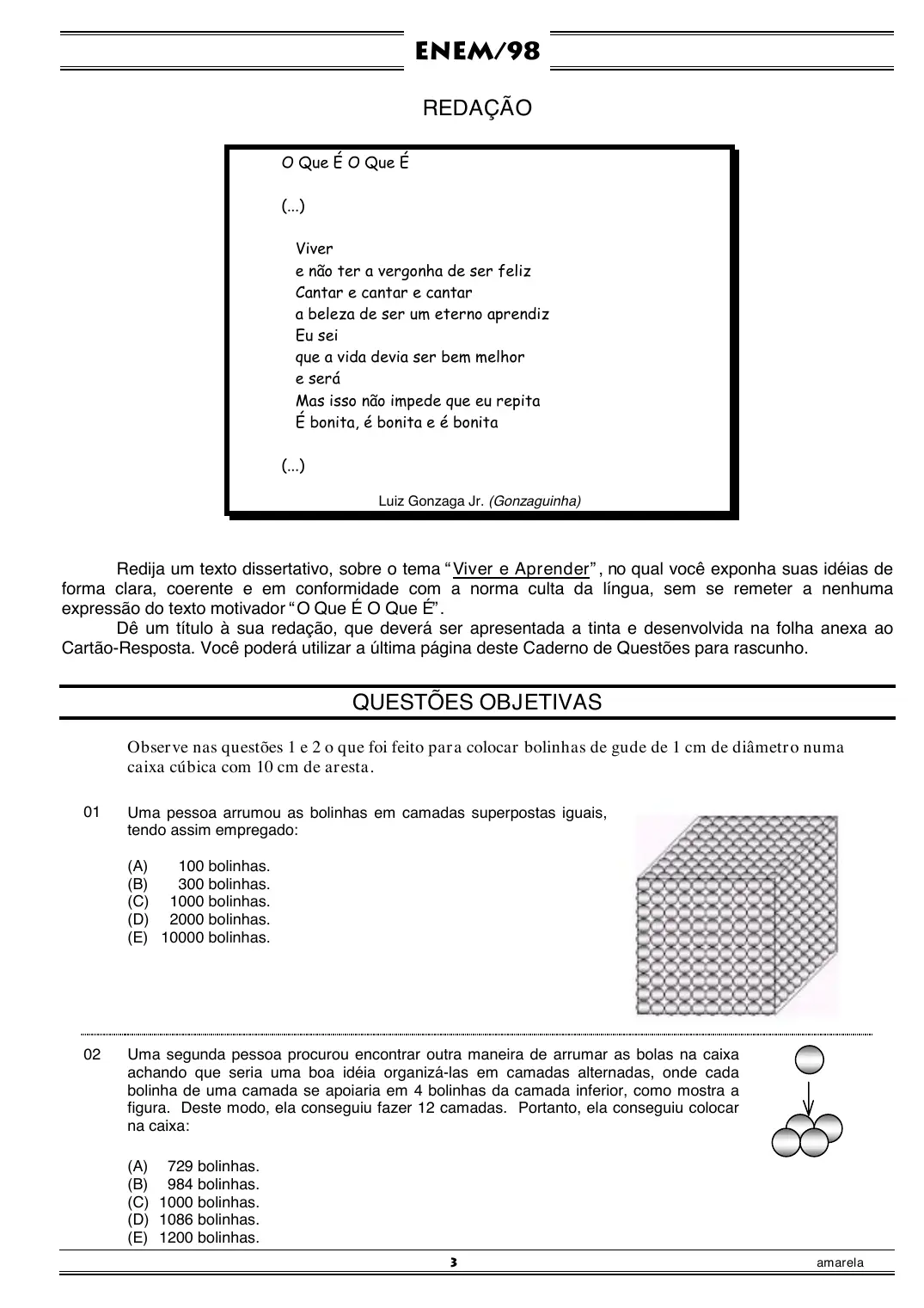 Proposta de redação do Enem 1998, como no caderno da prova