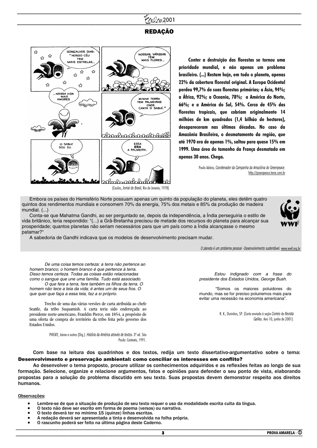 Proposta de redação do Enem 2001, como no caderno da prova