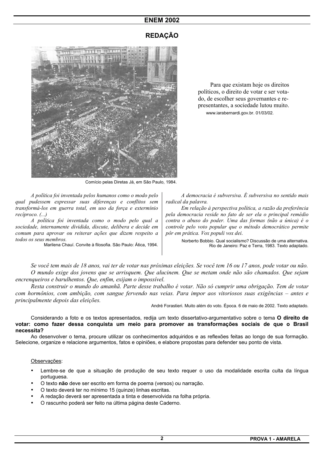 Proposta de redação do Enem 2002, como no caderno da prova