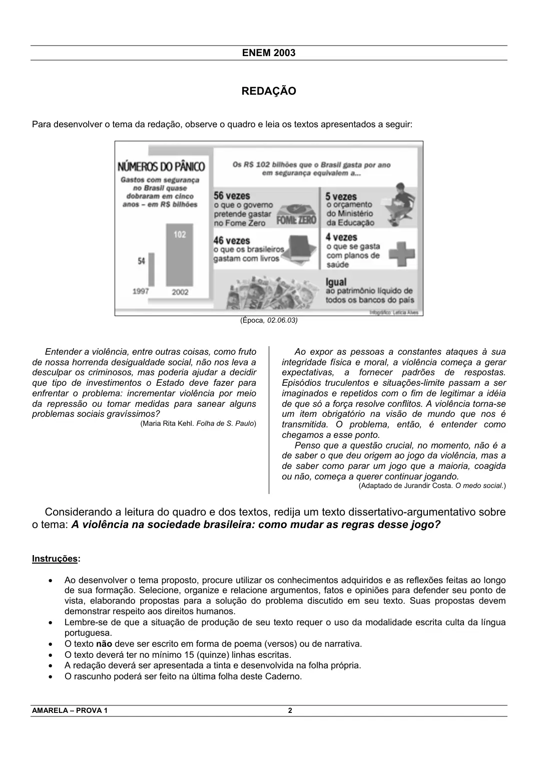 Proposta de redação do Enem 2003, como no caderno da prova