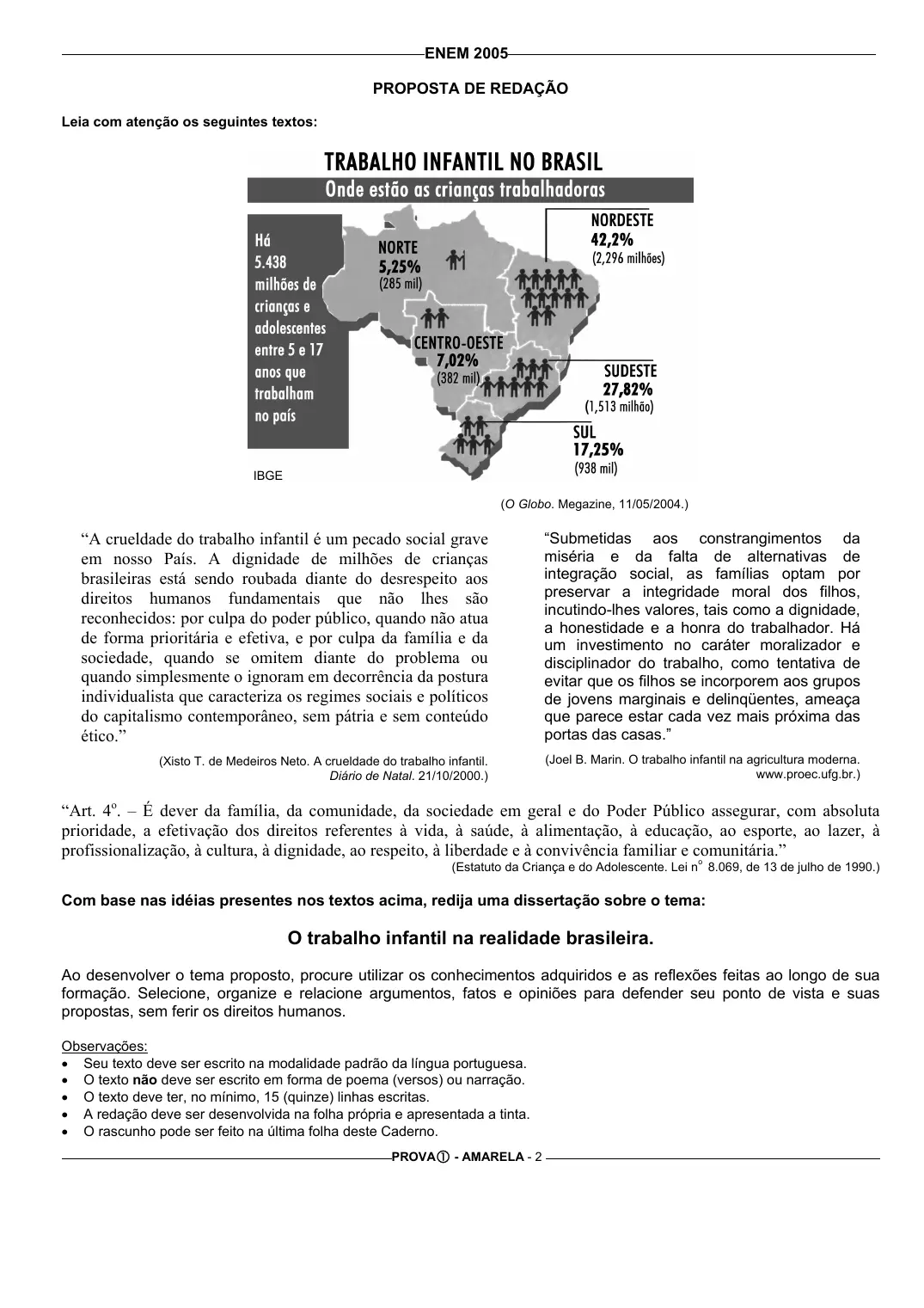 Proposta de redação do Enem 2005, como no caderno da prova