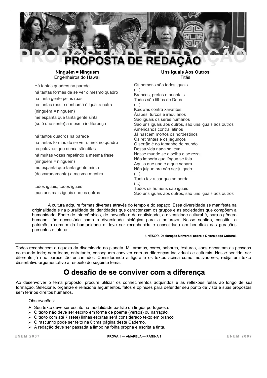 Proposta de redação do Enem 2007, como no caderno da prova
