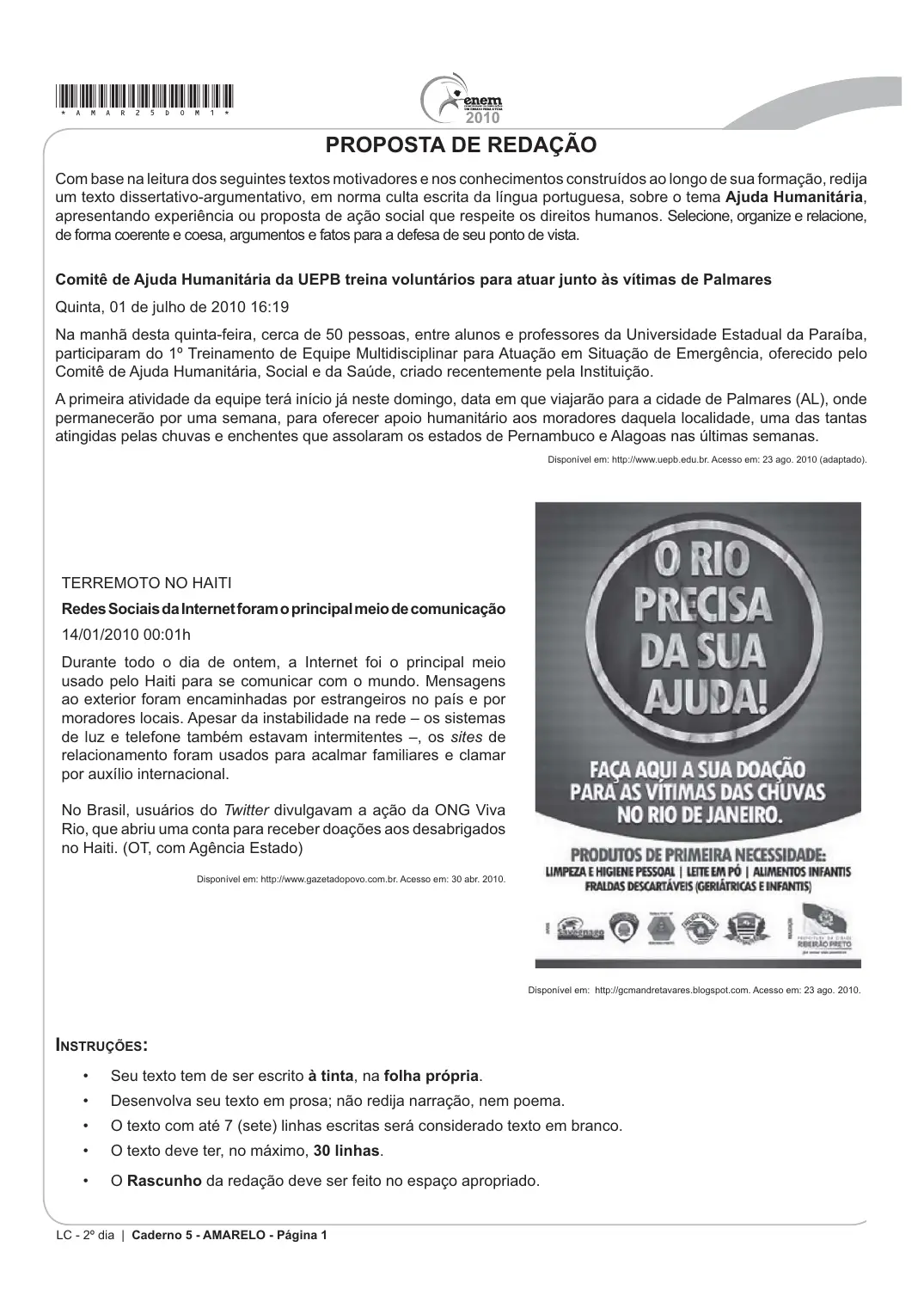 Proposta de redação do Enem 2010 (PPL), como no caderno da prova
