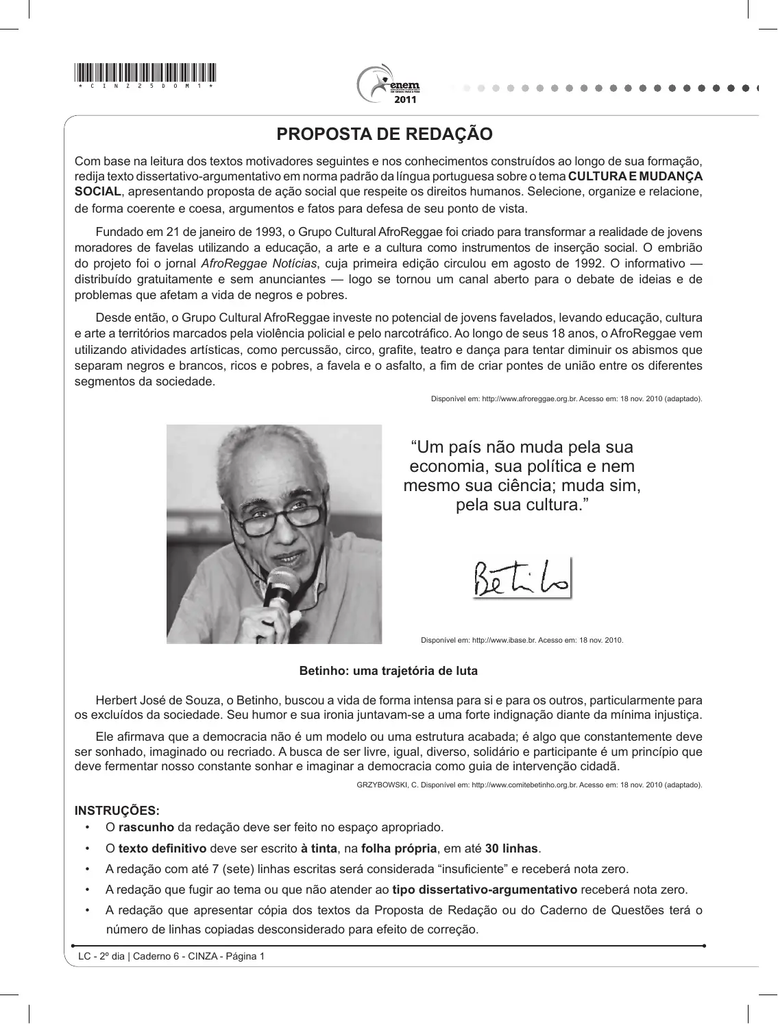 Proposta de redação do Enem 2011 (PPL), como no caderno da prova