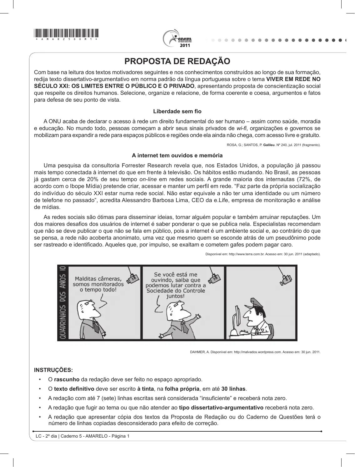 Proposta de redação do Enem 2011, como no caderno da prova