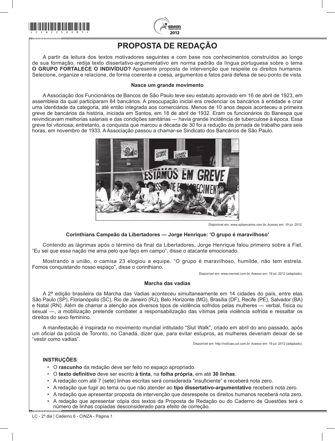 Proposta de redação do Enem 2012 (PPL), como no caderno da prova