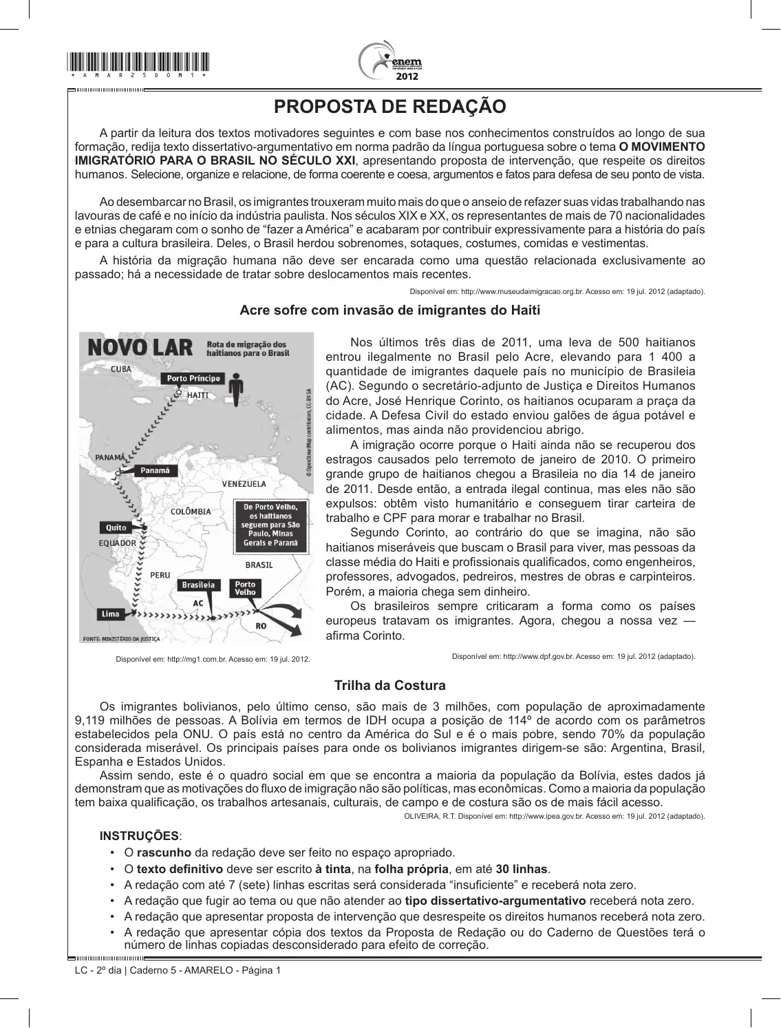 Proposta de redação do Enem 2012, como no caderno da prova