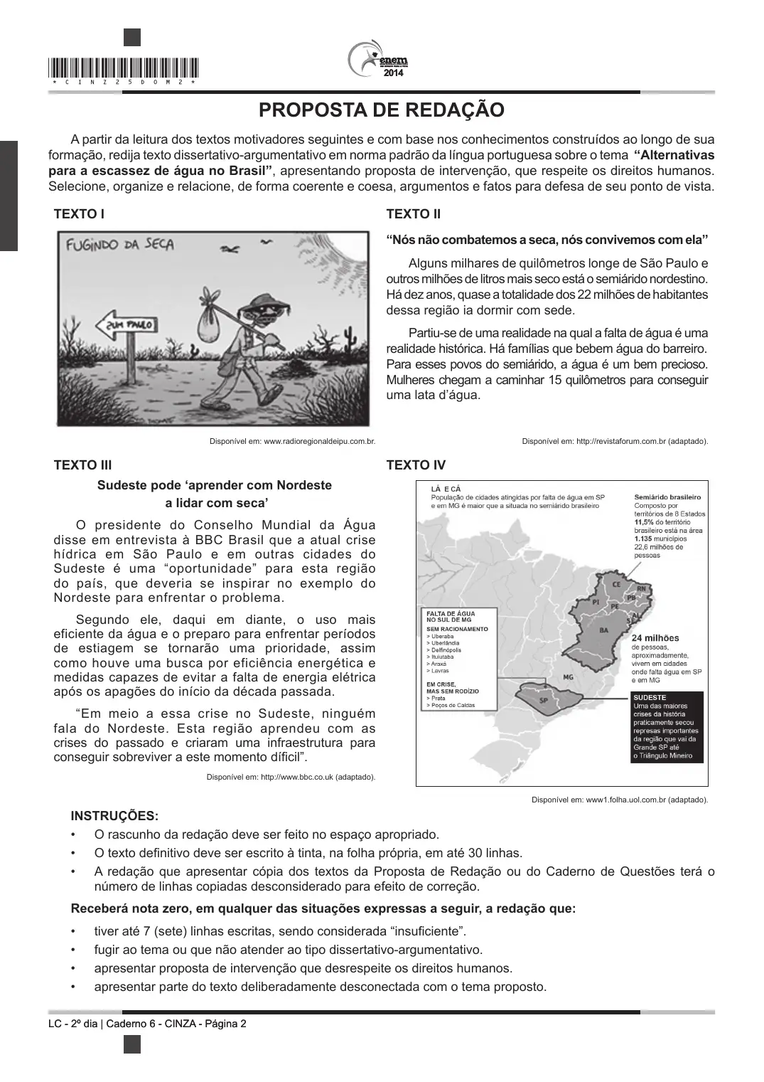 Proposta de redação do Enem 2014 (terceira), como no caderno da prova
