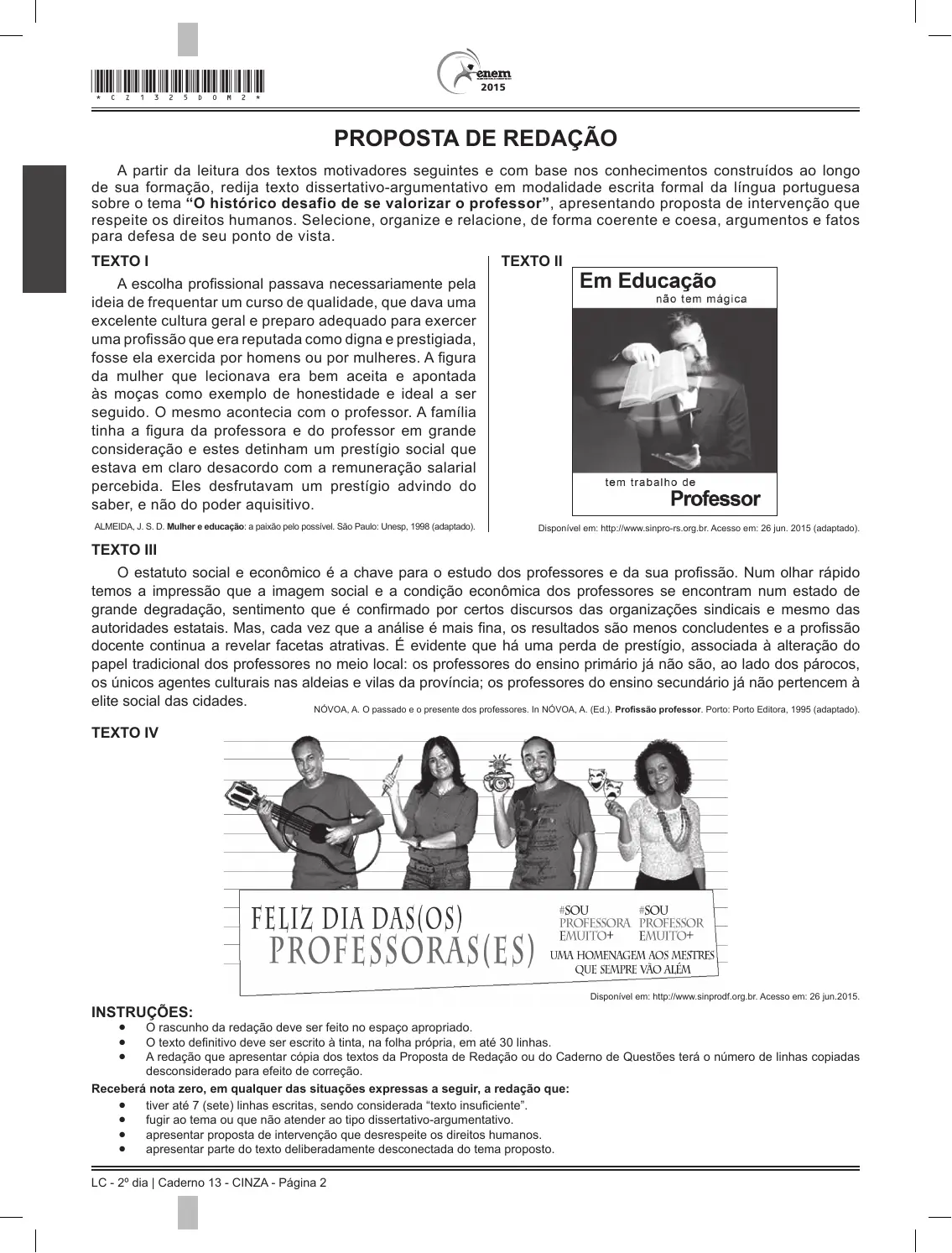 Proposta de redação do Enem 2015 (PPL), como no caderno da prova