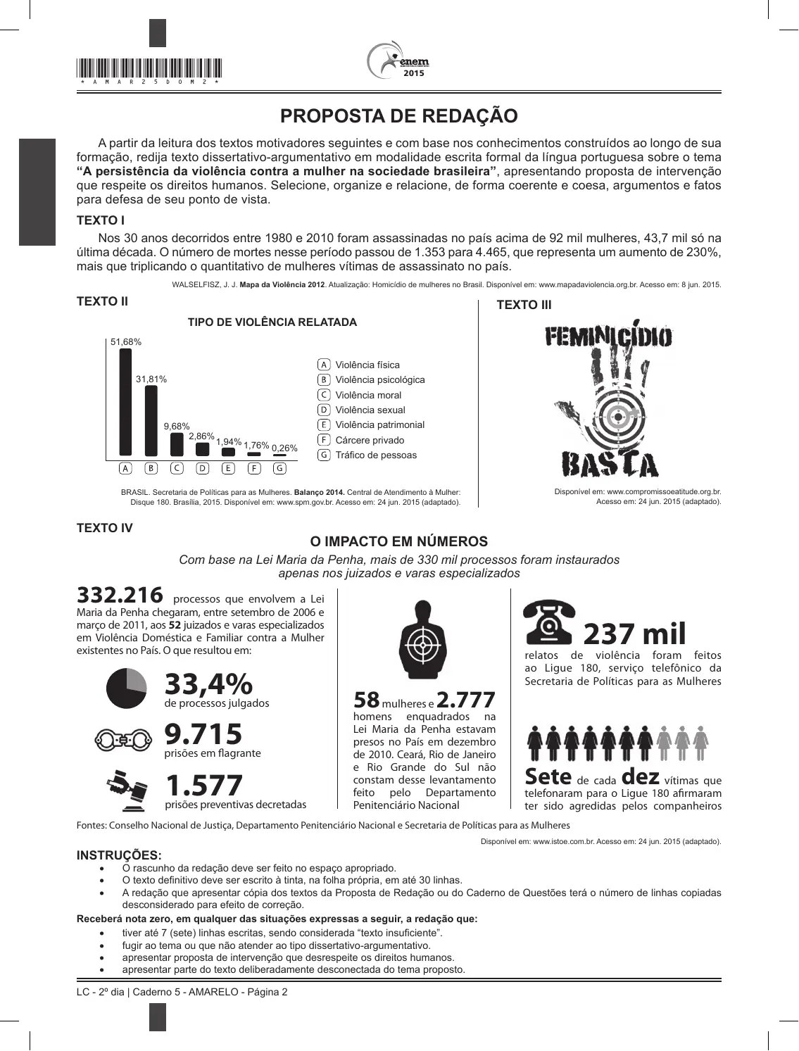 Proposta de redação do Enem 2015, como no caderno da prova