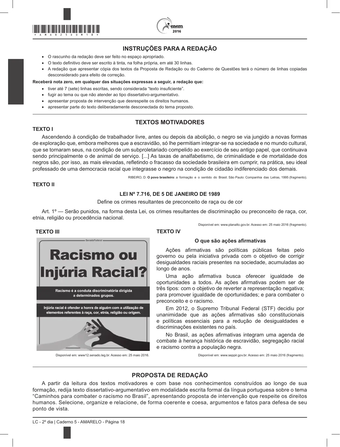 Proposta de redação do Enem 2016 (p2), como no caderno da prova