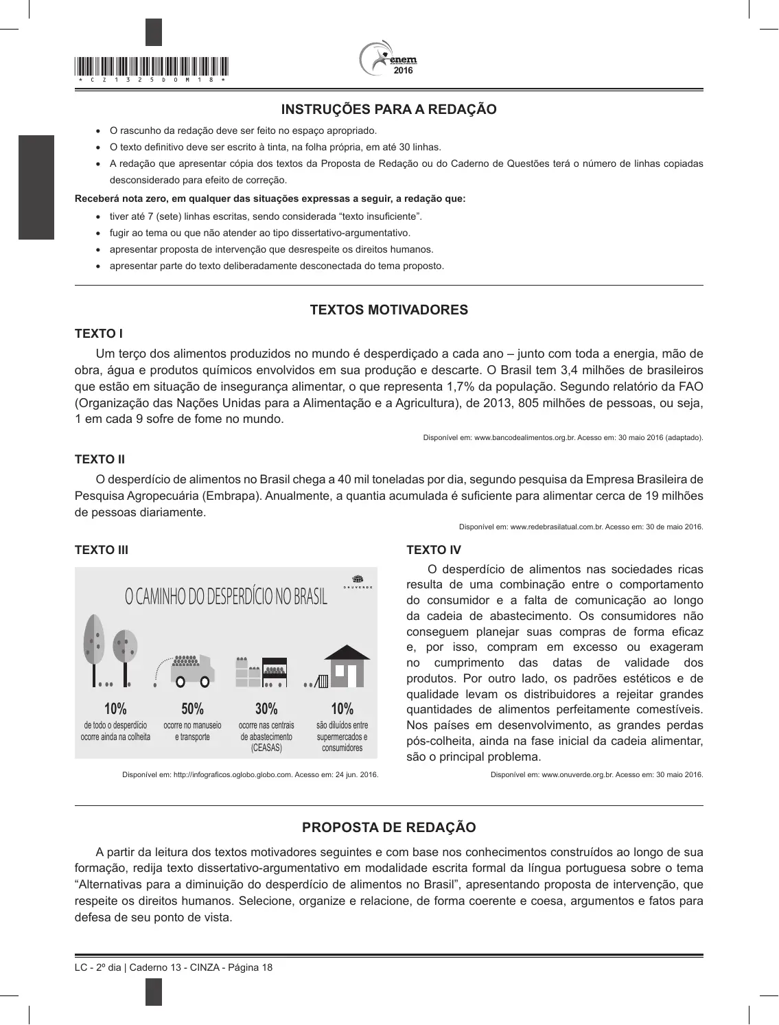Proposta de redação do Enem 2016 (PPL), como no caderno da prova