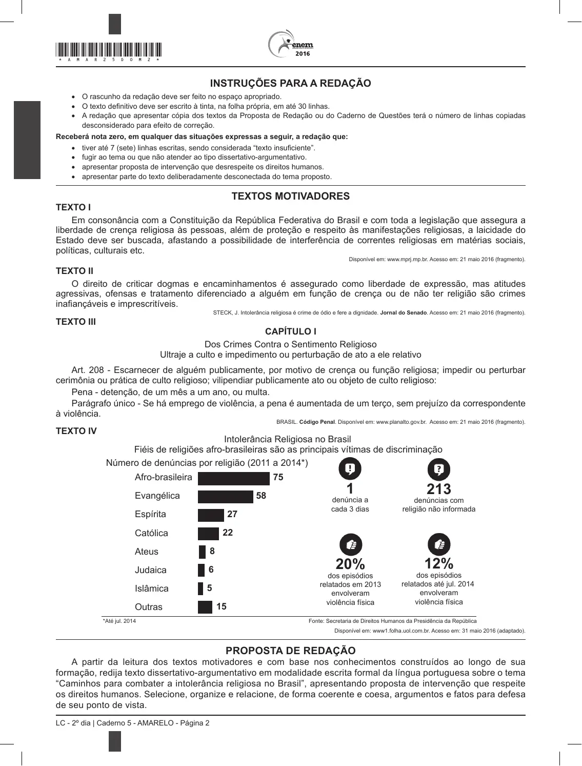 Proposta de redação do Enem 2016, como no caderno da prova