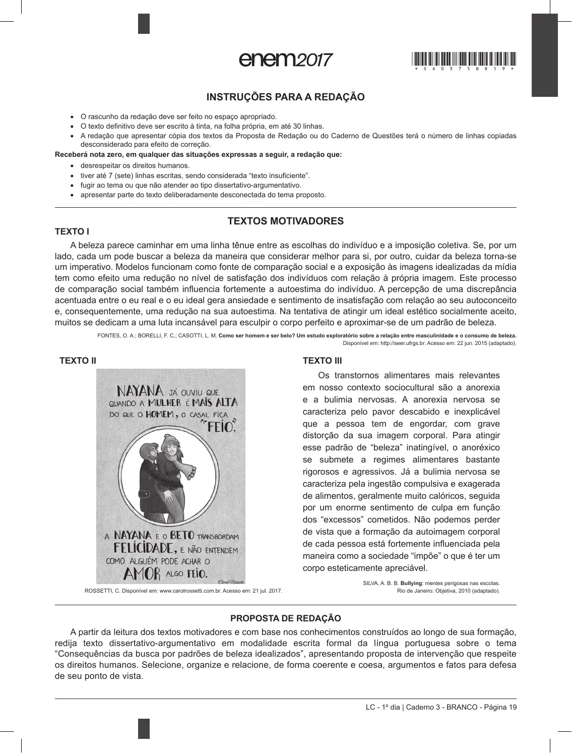 Proposta de redação do Enem 2017 (PPL), como no caderno da prova