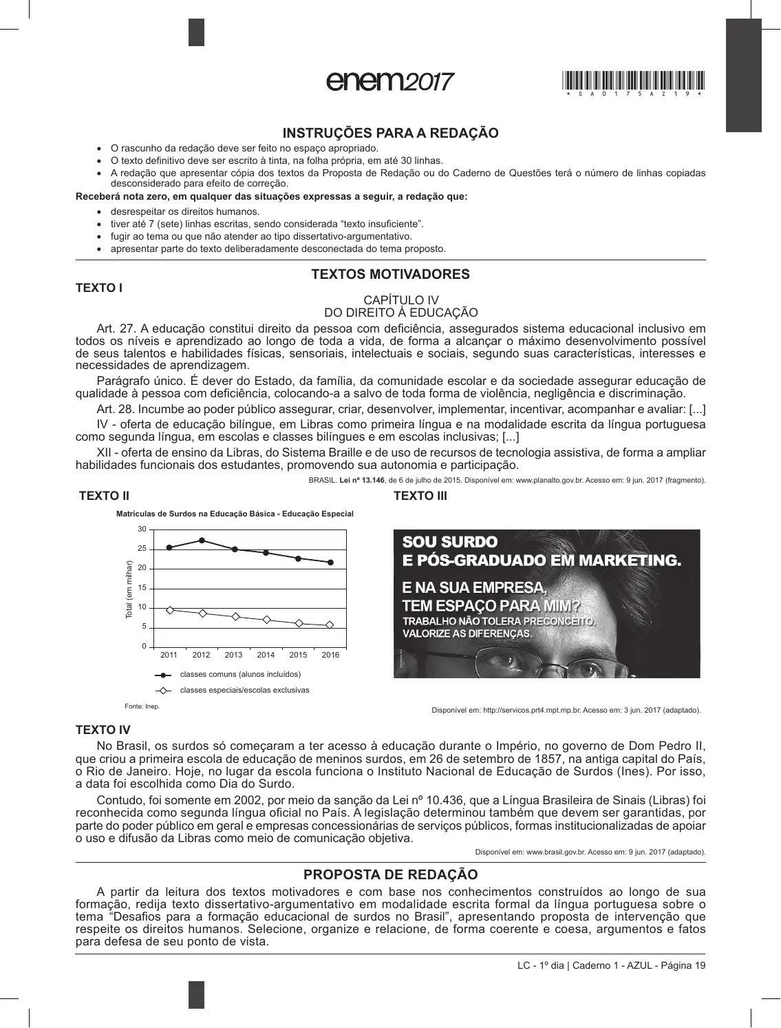 Proposta de redação do Enem 2017, como no caderno da prova