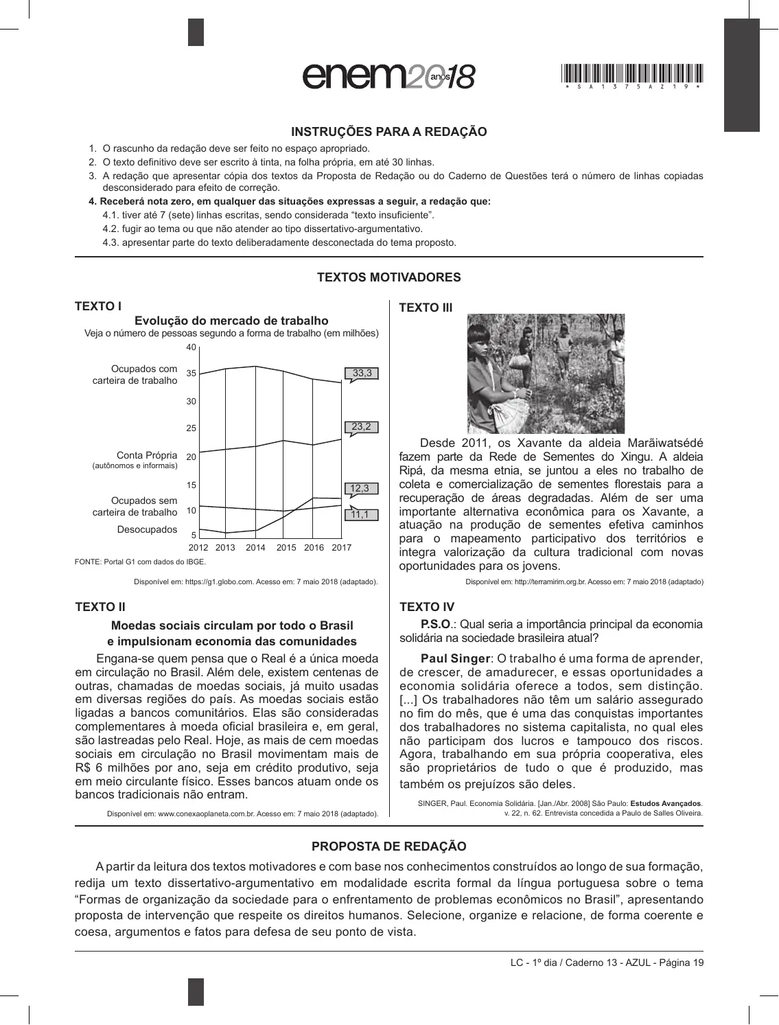 Proposta de redação do Enem 2018 (PPL), como no caderno da prova
