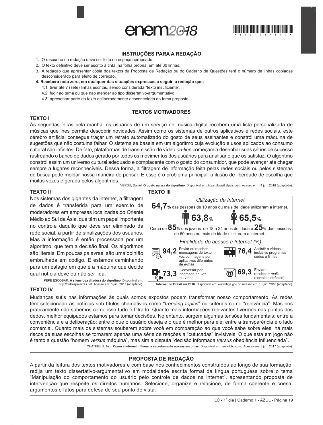 Proposta de redação do Enem 2018, como no caderno da prova