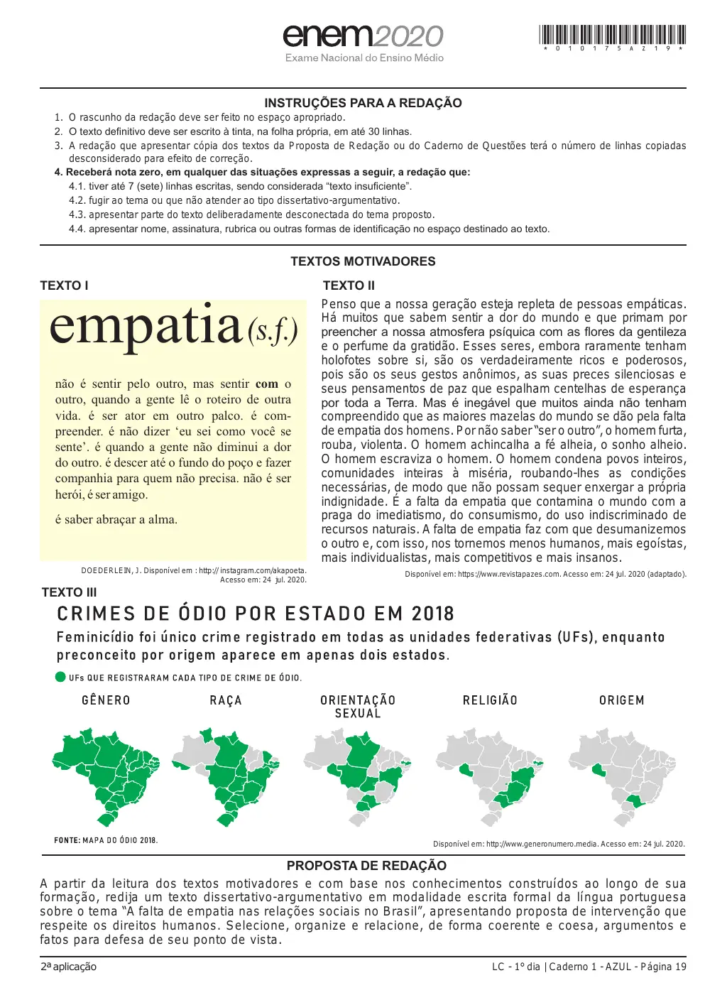 Proposta de redação do Enem 2020 (PPL), como no caderno da prova