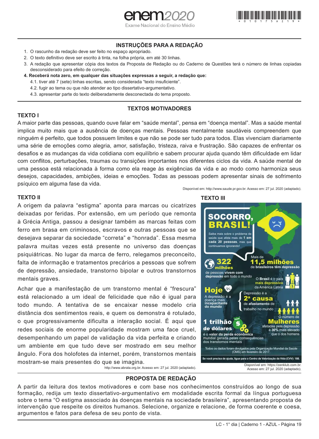 Proposta de redação do Enem 2020, como no caderno da prova
