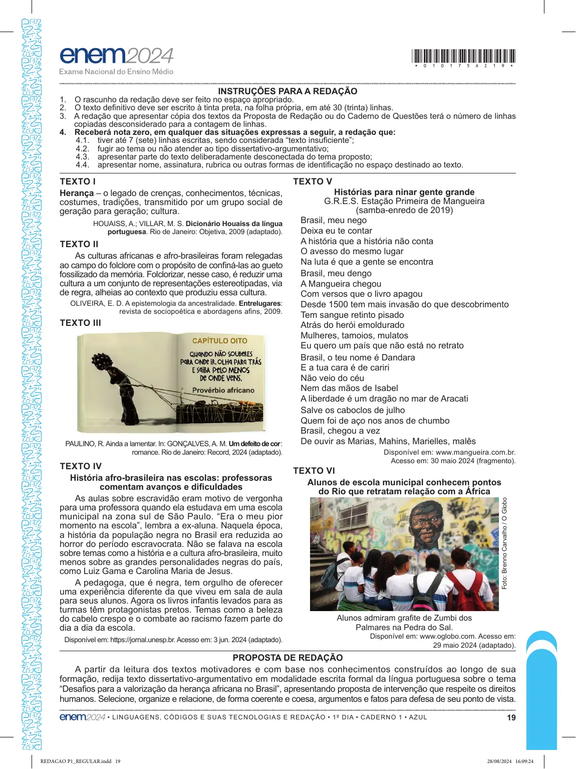 Proposta de redação do Enem 2024, como no caderno da prova